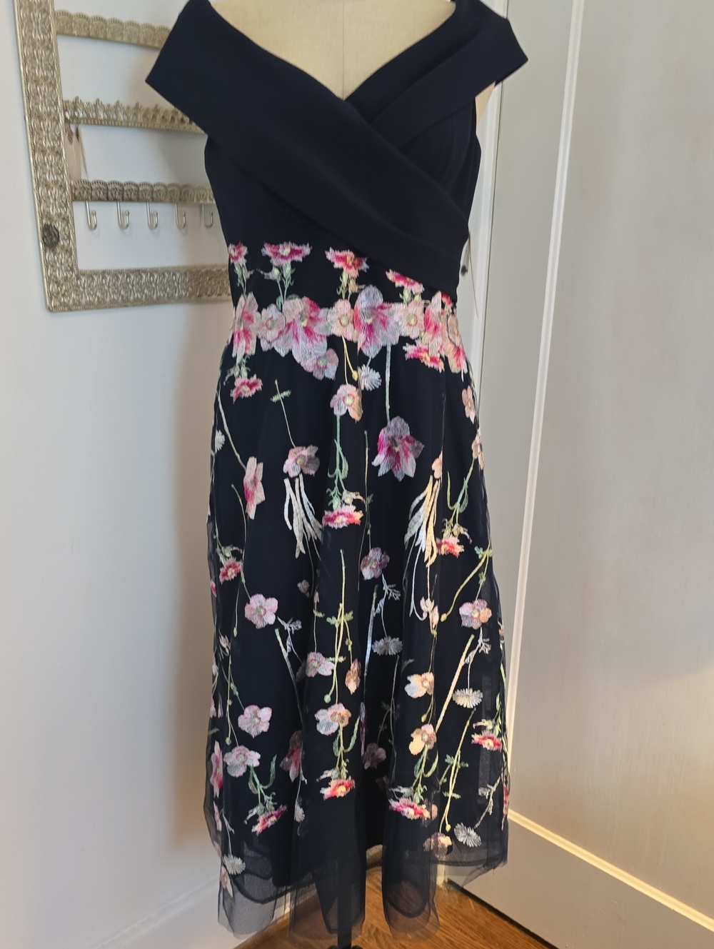 Teri Jon Navy Midi Dress with Pink Floral Embroidery